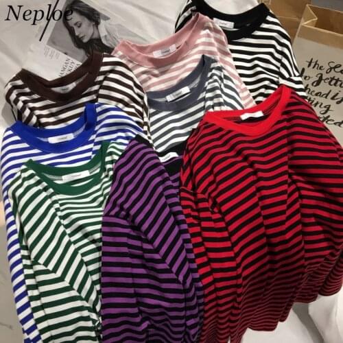 Neploe Stripe T Shirts Women Medium-long Causal TShirt Thin O-neck Top Korean Streetwear Plus Size Women Clothes 2021 Clothes