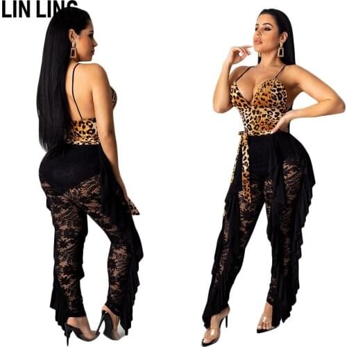 LINLING Hollowed Out Sexy Strap V-neck Leopard Lace Patchwork Perspective Jumpsuit Temperament Club Party Clothing