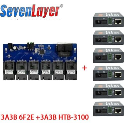 10/100M Fast Ethernet switch Converter 20KM Ethernet Fiber Optical Media Converter Single Mode 2*RJ45 and 6*SC fiber Port PCBA