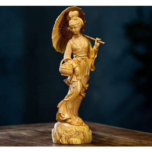 Boxwood 20CM Beauty Sculpture Chinese Traditional Figure Wood Statue Girl Under The Umbrella Home Decor