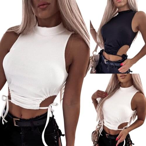 Cut Out Lace Up Crop Tops Camisole Womens Rib Knit Tank Tops Sleeveless Mock Neck Solid Color Exposed Navel Vest Top