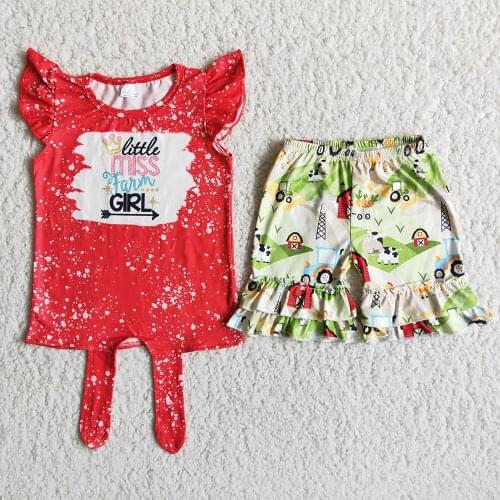 Summer Kids Clothing Little Miss Farm Girl Red Sleeveless Top Animals and Truck Pattern Shorts