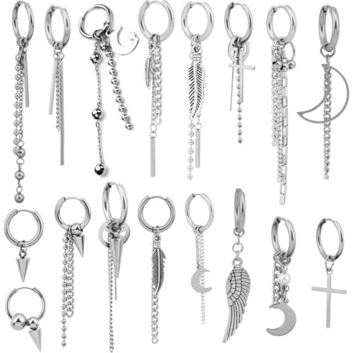 Hot Dangle Long Tassel Unisex Hoop Earrings Punk Metal Jewelry Brincos Silver Color Feather Moon Cross Pendant Exaggerate Design