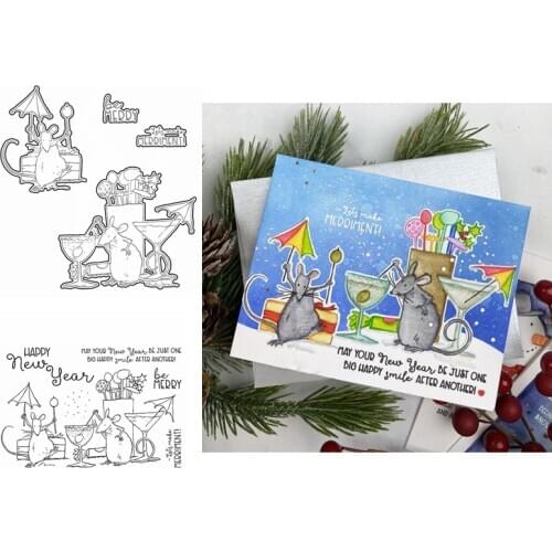 Mice Stealing Juice Happy New Year Scene Metal Cutting Dies With Coordinating Clear Silicone Stamps DIY Craft Paper 2021 Hot Sal