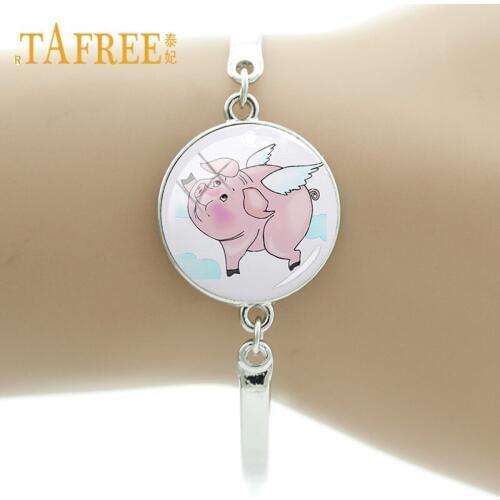 TAFREE Cute Wings Pig Bracelet Large-sized Kids Toy Chain Bangle Round Glass Suit Men Women Fashion likely Jewelry PG20