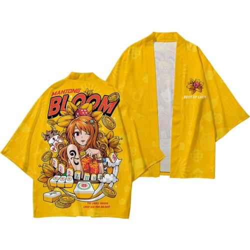 Male Samurai Costume Clothing Yellow Print Kimono Jacket And Pant Shirt Japanese Kimono Cardigan Haori Yukata