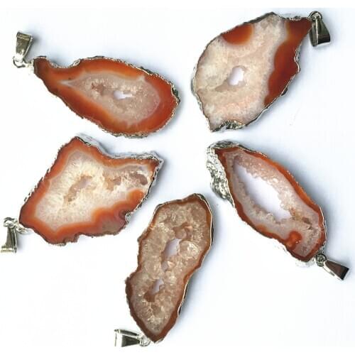 Natural Stone Brazilian Electroplated Edged Slice Open Orange Red Agates Geode Pendant Drusy Druzys Necklace Jewelry Making 5PCS