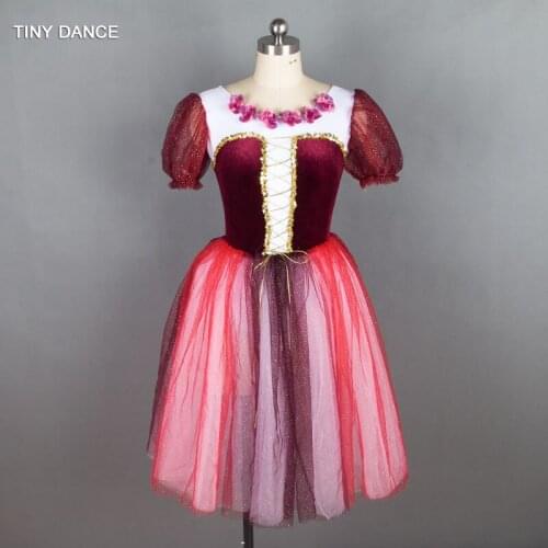 New Design of Wine Red Short Sleeve Romantic Style Long Ballet Dance Long Tutu Leotard Dress for Girls Performance 18445