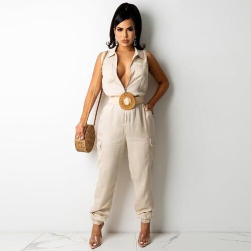 Simplicity Solid Rompers Womens Jumpsuit 2021 Turn-down Collar Sleeveless Full Length Overall Casual Zipper Front Long Outfit