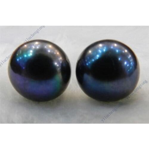 Wholesale 12-12.5mm Natural Black Tahitian Pearl Sterling Silver Stud Earrings AAA YL