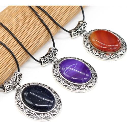 Natural Stone Agates Gold Sand Rose Quartzs Wax Thread Necklace Pendant For Women Gift Jewelry Size 46x75mm Length 55cm+5cm