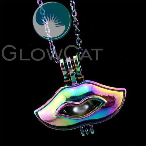 R-C592 Rainbow Colors Lips Shape Beads Cage Pendant Perfume Diffuser Aromatherapy Pearl Cage Locket Necklace