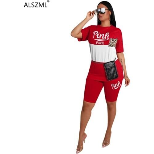 PINK letter print 2 piece set 2020 hot sale casual women o neck short sleeve t-shirt and matched shorts tracksuit