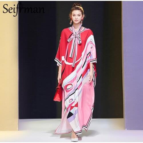 Seifrmann Summer Women Fashion Designer Party Long Dress 3/4 Sleeve Bow Loose Vintage Printed Split Ladies Loose Dresses 2021