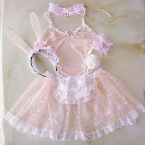 Sexy Cute Girls Womens Pink Bunny Maid Transparent Exotic Set Kawaii Cosplay Rabbit Ears Tail Necklace Apron Lingerie Babydoll
