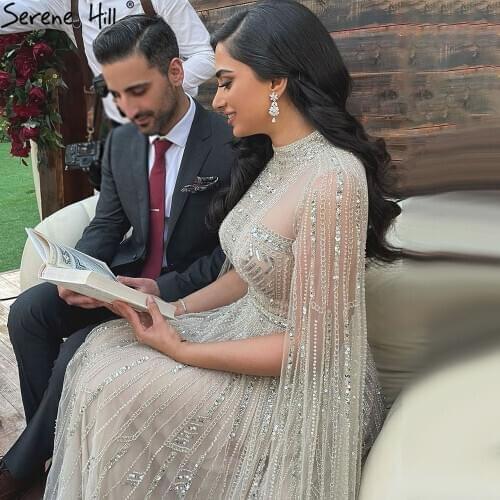 Serene Hill Grey Arabia Luxury Cape Sleeves Beading A-Line Evening Dresses 2021 Formal Dress Gowns LA71047