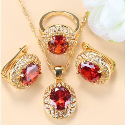 Dubai Wedding Women Accessories Gold Color Big Jewelry Sets Red Garnet Clip Earrings Necklace And Pendant Ring Female Sets