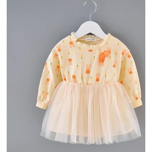 2020 NEW Autumn Girls Long Sleeve Cute Splicing Dress Cartoons print Mesh Toddler Princess Dresses Girls Clothing