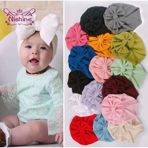 Nishine Solid Color Handmade Bowknot Baby Girls Turban Hat Soft Comfortable Infant Beanie Caps Bows Headwear Clothing Decoration