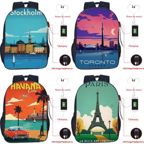 Student Vintage Pattern Schoolbags Boys Girls City London Paris Lyon Roma Print USB Backpack Kids Rucksack Teens Travel Bagpacks