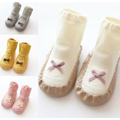 Toddler Newborn Baby Slippers Floor Socks with Grips Cartoon Bear Infant Boys Girls Warm Faux Leather Anti Slip Hosiery