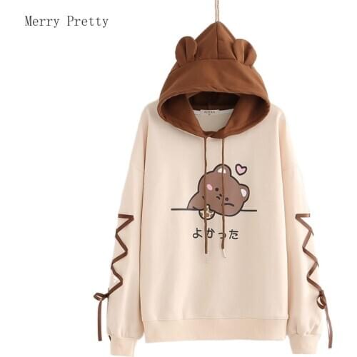 Harakuju Cartoon Bear Print Hooded Sweatshirts Lace Up Cotton Hoodies Long Sleeve Kawaii Cute Pullover Tops 2021 Summer Clothes