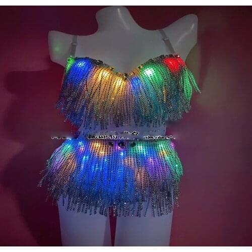Colorful LED Lights Luminous Tassel Bikini Nightclub GoGo Bar Ds Dance Team Dj Costumes