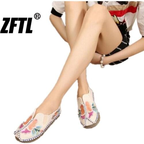 ZFTL Hanfu womens flat shoes Chinese traditional embroidered womens shoes handmade Ethnic shoes female Loafers Retro slip-on