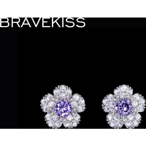 BRAVEKISS cute crystal flower stud earrings for women pave cz purple piercing ear studs brincos boucle d'oreille jewelry BUE0116