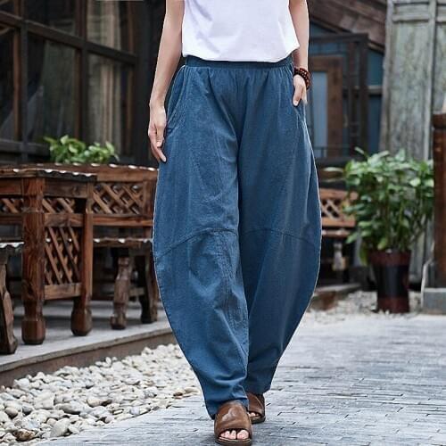 QPFJQD Pockets Loose Long Harem Pants Women Elastic Waist Casual Pantalon Female Retro Sand Wash Soft Cotton Linen Trousers 2019