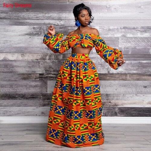 Traditional African Clothing Women Crop Tops And Long Skirt Side Split 2020 Summer Suits Dashiki Print Sexy Shirt Off Shoulder