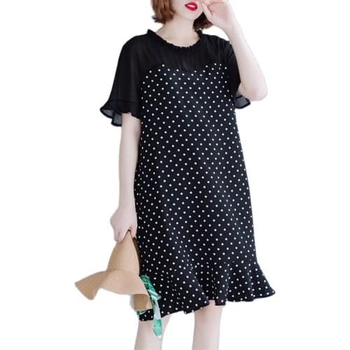 2020 Summer Plus Size Womens Chiffon Dress Straight Wave Dot Loose lotus leaf fishtail Dress Summer Dresses M63