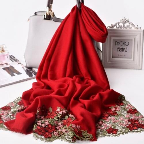 Winter 100% Wool Scarf Women Luxury Shawls Wraps Warm Red Wool Scarves for Ladies Flower Embroidery Cashmere Scarf Foulard