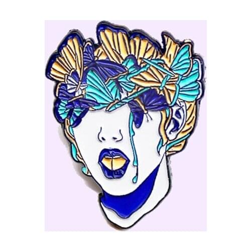 2021 New Arrival Halloween Horror Blue Tears Girl Head Enamel Pendant Butterfly Art Sculpture Badge Jewelry Gift