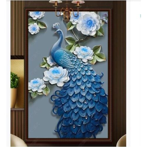 Papel de parede 3D relief blue peacock flower porch wallpaper door sticker,living room bedroom wall papers home decor mural