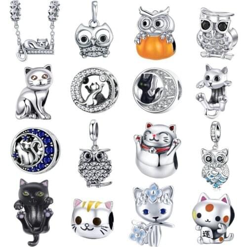 BISAER 925 Sterling Silver Cute Cat Charms Meow Beads For Women Fit Original Bracelet Jewelry Making DIY Accessories EFC404