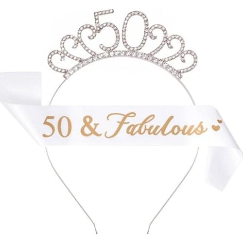 Q0KF 18/21/30/40/50/60/70th Birthday Crown Tiara Birthday Sash Set for Girls Women