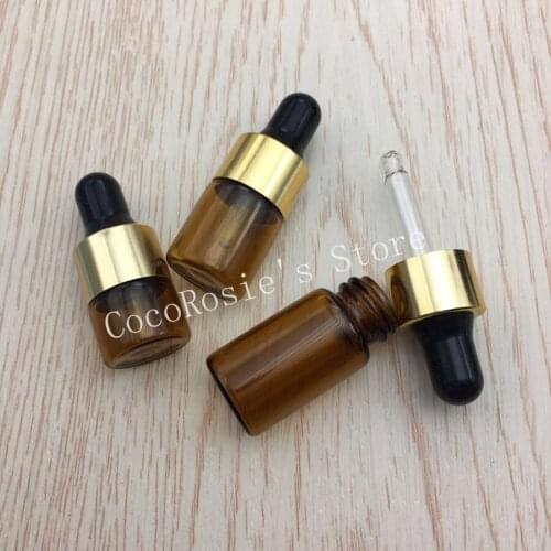 100pcs/lot amber glass dropper bottle 1ml 2ml 3ml essential oil bottle small brown glass dropper bottle with gold cap