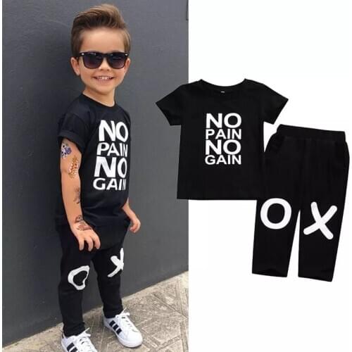 2019 Baby Boys Clothes Set Toddler Kids Baby Girl Outfits Clothes No Pain No Gain Letter Print T-shirt Tops+Pants 2pcs Suit 0-4T