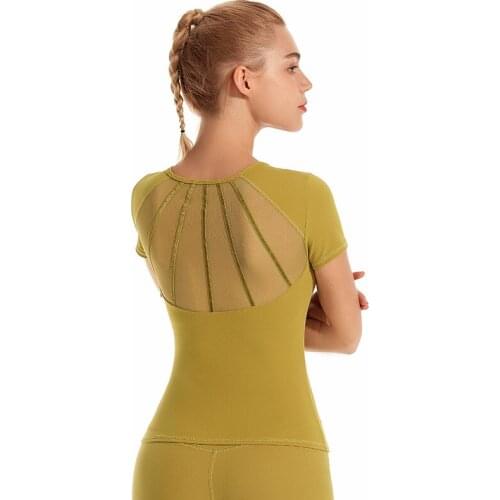 Sexy Back Mesh Patchwork Yoga Top Short Sleeve Fitness T Shirt Women Moisture Wicking Sport Elastic Gym Shirts With Chest Pad