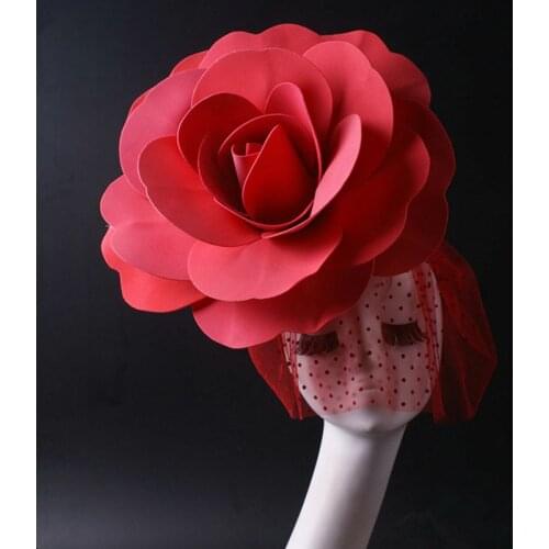 Red Black Rose Big Flower Veil Headdress Women Singer Dancer Stage Show Headgear Performance Accessories For Prom Party