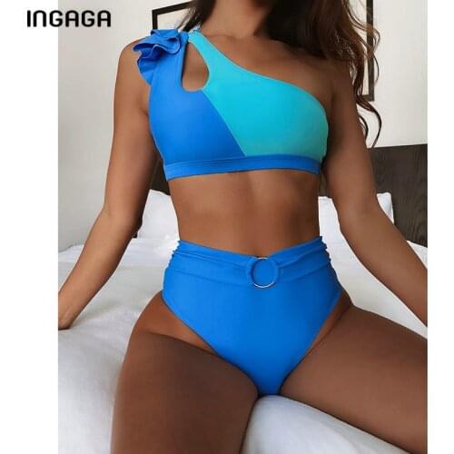 INGAGA One Shoulder Swimsuits High Waist Bikinis Ruffled Womens Swimwear 2021 Patchwork Biquini Sexy Bathing Suit Beach Wear