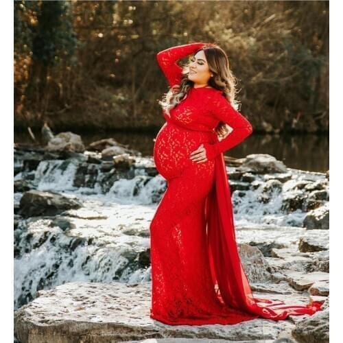 Red Lace Maternity Dresses Long Sleeves Maternity Gown for Photoshoot Boudoir Lingerie Robe Bathrobe Nightwear Babydoll Robe