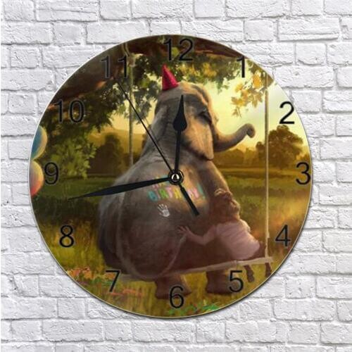Round Wall-Clock Elephant Animal Numeral Digital Dial Mute Silent Non-Ticking Battery Operated Clock Art for Living Room Kicthen