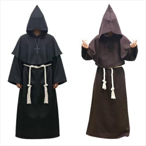Halloween Priest Friar Cloak Cape Comic Party Cosplay Scary Costumes Monk Wizard Witch Hooded Robes Medieval Renaissance Outfits