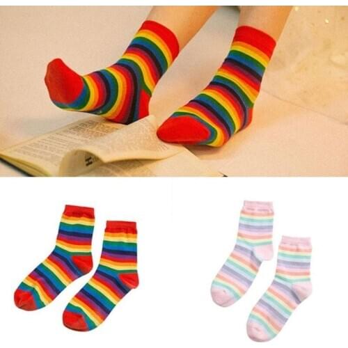 New Women Socks 1 Pair Long Cotton Rainbow Color Striped Printed Novelty Fashion Lady Autumn Socks