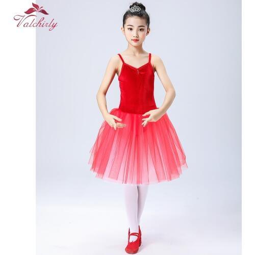 New Girls Ballet Dress Velvet Camisole Style Long Tulle Skirt Kids Birthday Gift Stage Performance