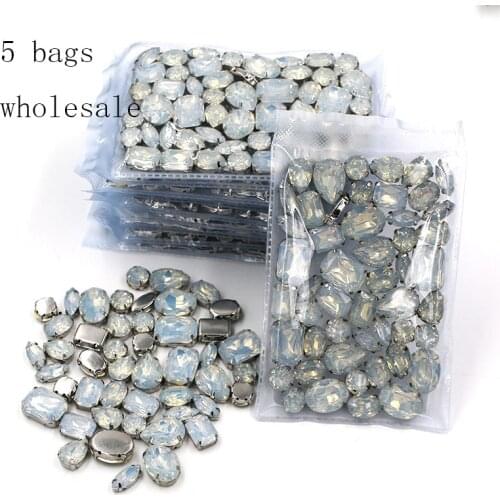New Wholesale 5 bags mixed shape White rhinestones Resin silver base sew on rhinestones for Clothing accessories
