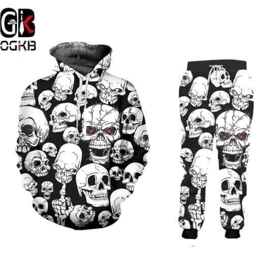 OGKB 3D Pants And Hoodie Mens Set Skull 3D Hip Hop Full Print Novelty Sweatshirt Jogger Pants Tracksuits Streetwear Sportswear