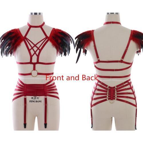 Sexy Feather Epaulettes Full Body Harness Adjust Tops Goth Steampunk Shoulder Wings Festival Wedding Hollow Out Lingerie Set